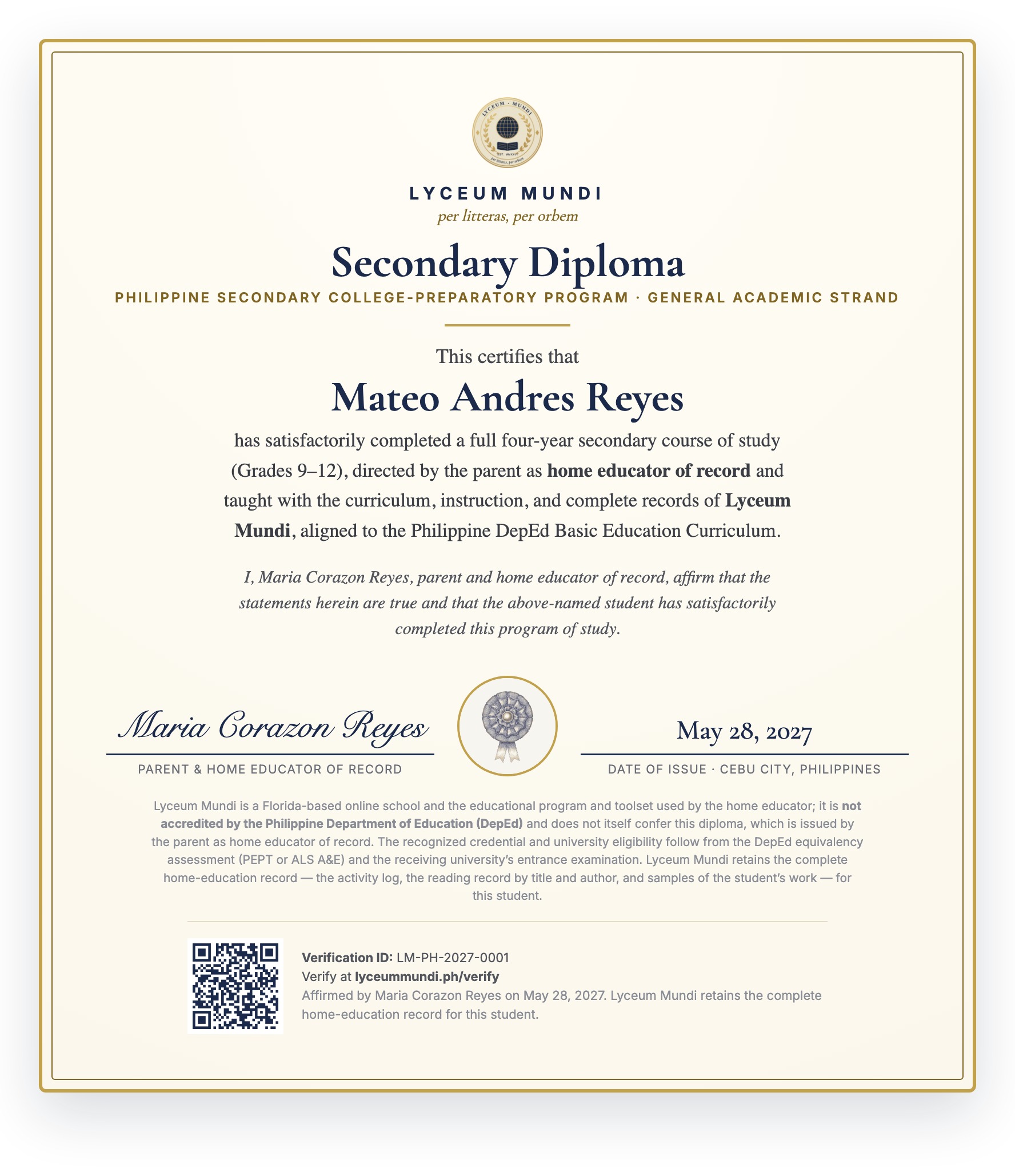 A sample parent-issued Lyceum Mundi secondary diploma for the Philippines, carrying the parent's signature and a verification QR code