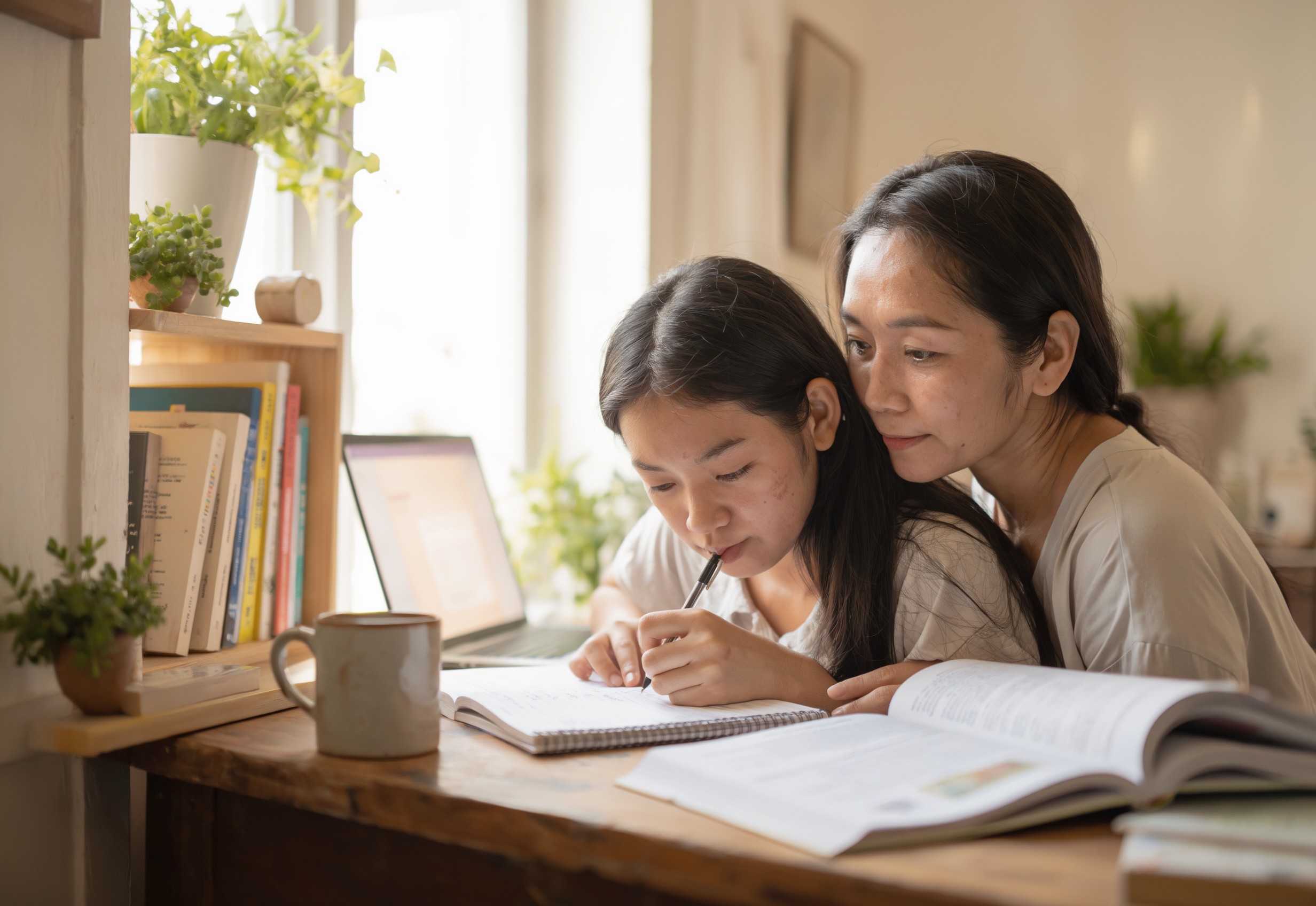 A Filipino parent helping their child study at a desk by a sunlit window at home